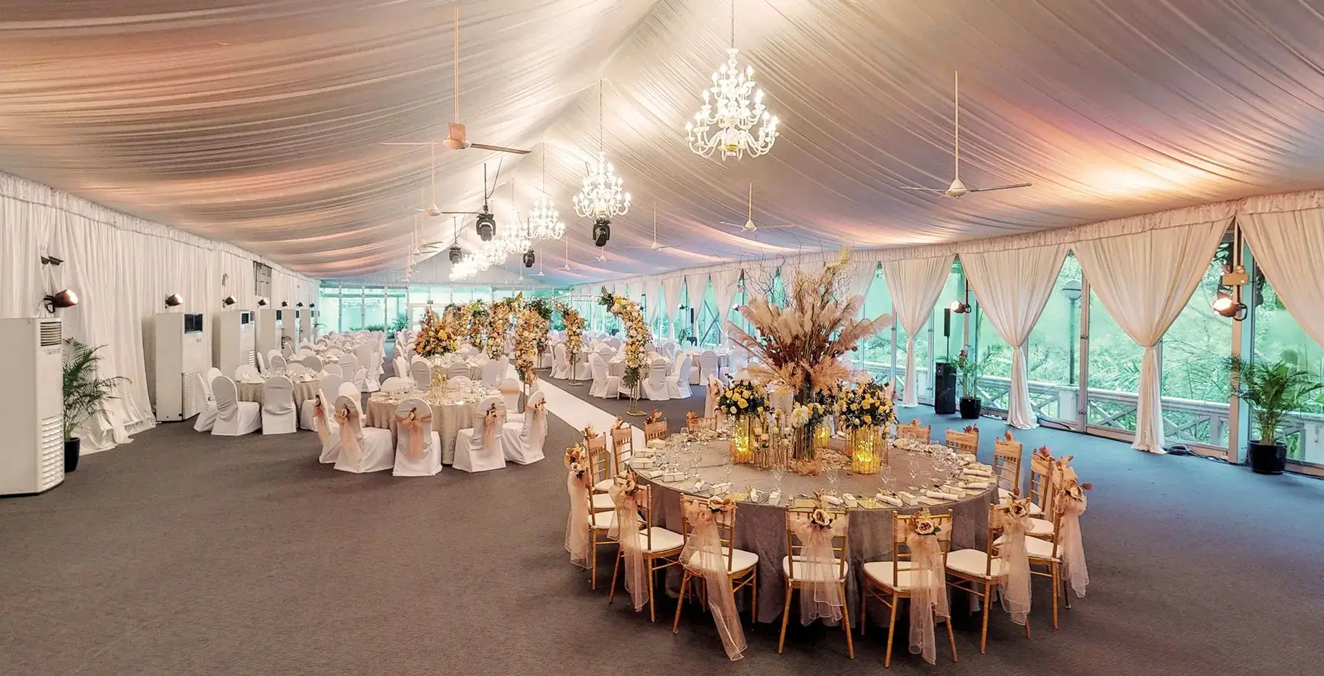 Draped event marquee with banquet seating at Hotel Fort Canning