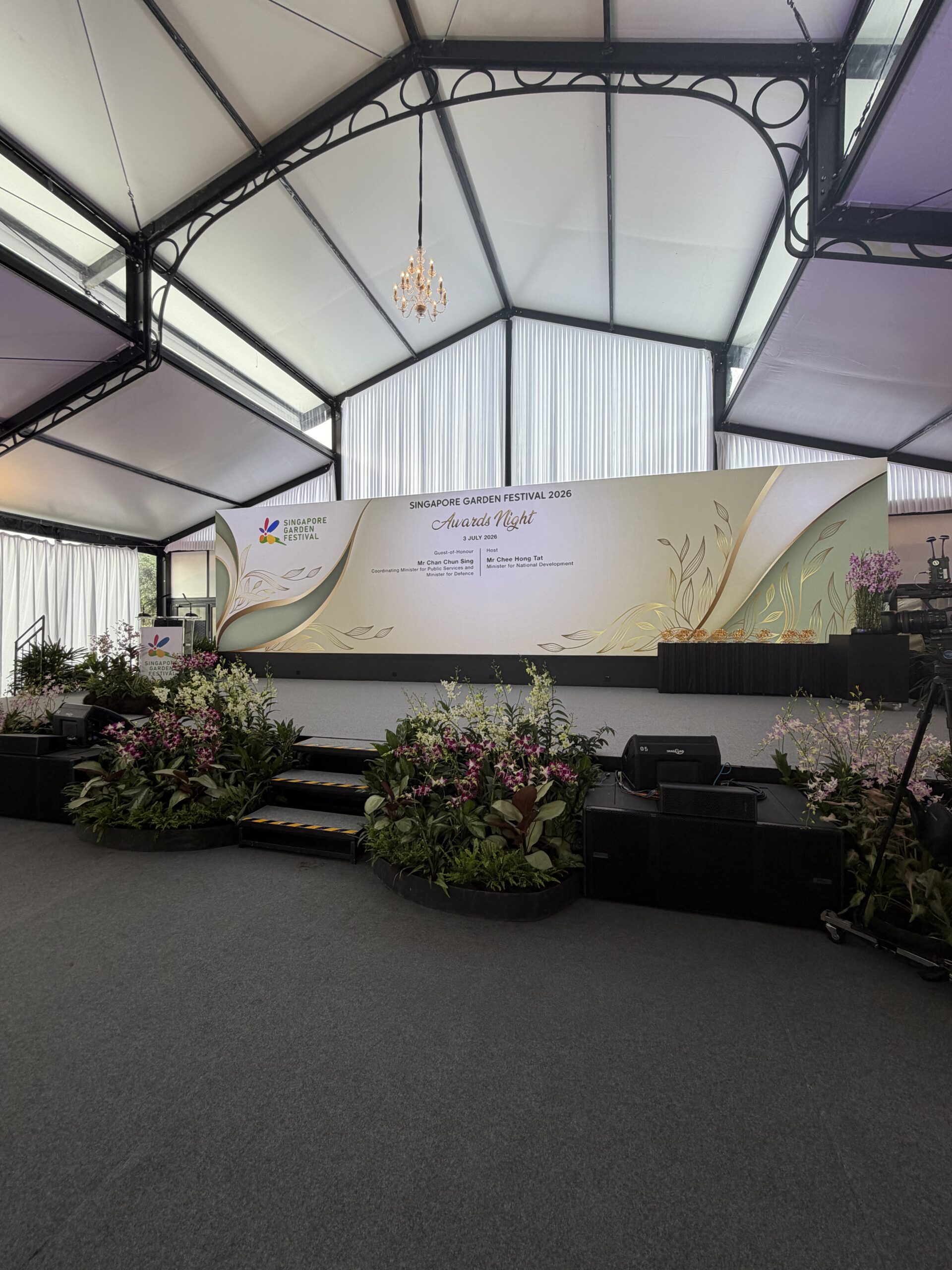 Awards Night stage beneath the Pastoral Marquee roof at Singapore Garden Festival 2026