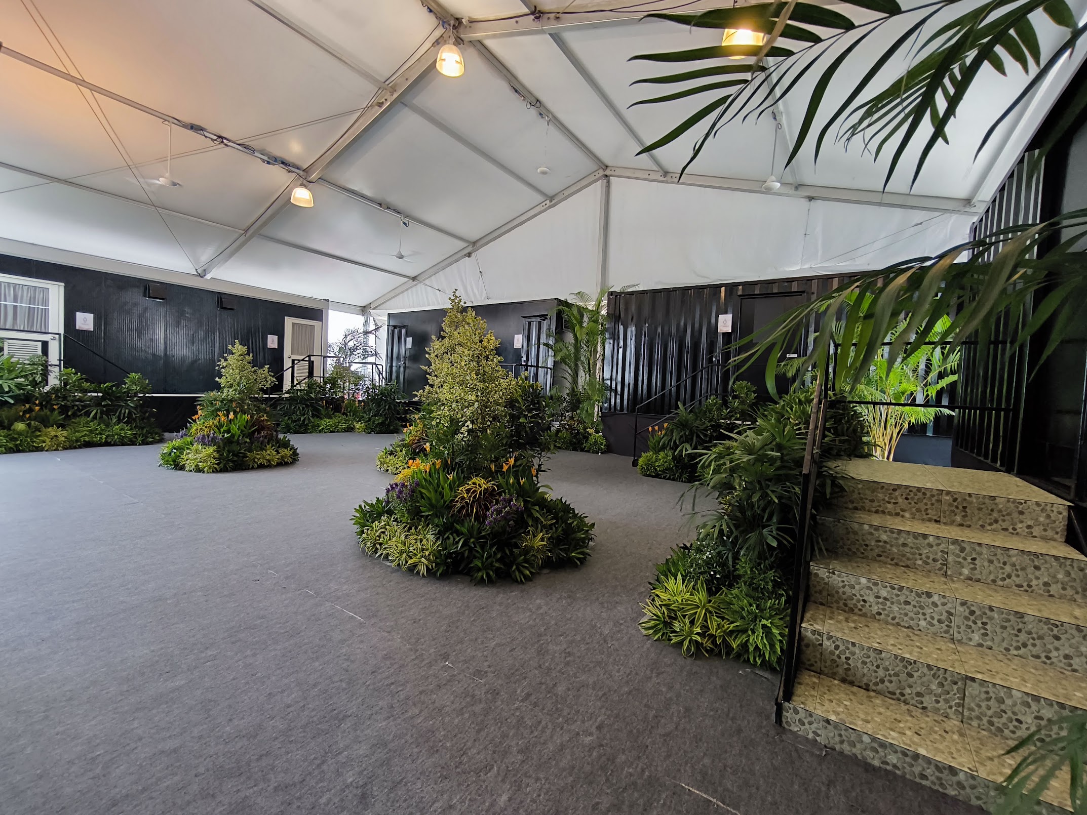 Aluminium tentage providing shelter over the VIP cabin toilet area
