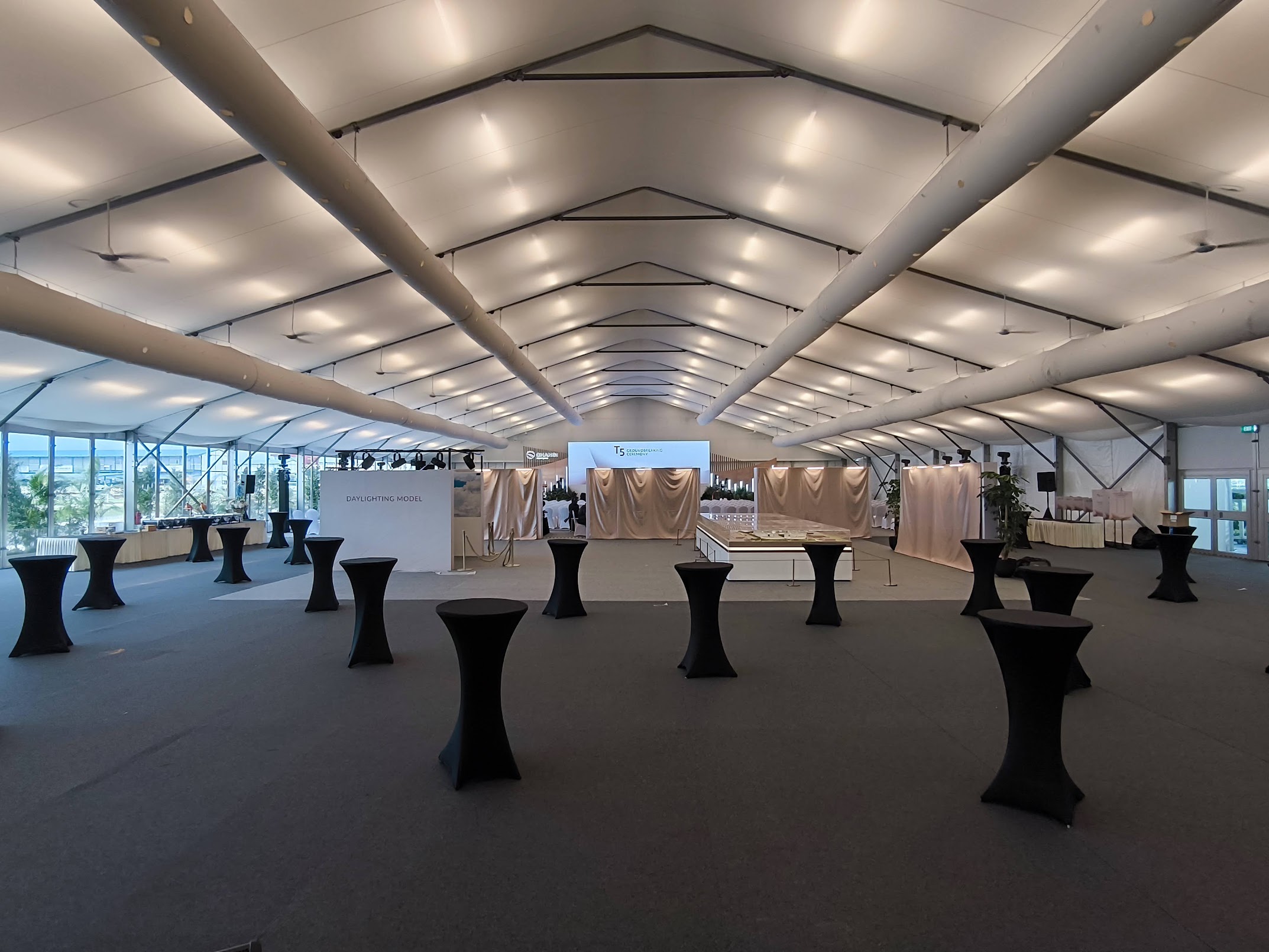 Interior view of the marquee setup for the Terminal 5 groundbreaking ceremony